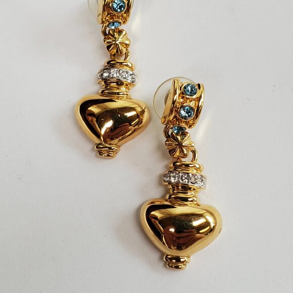Vintage Grecian Drop Earrings - Gold tone with Aquamarine and Clear Rhinestones - Picture 7 of 9